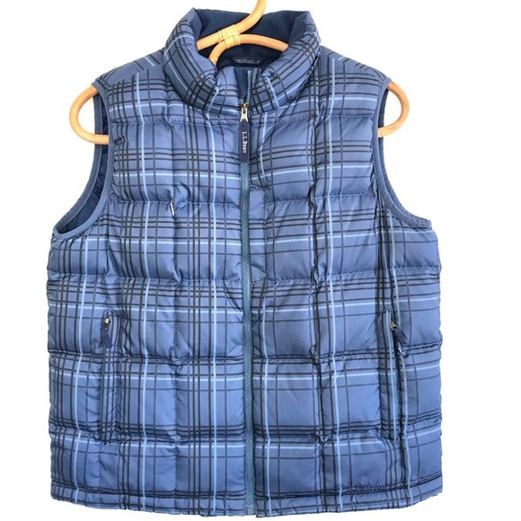 LL Bean Down Insulated Blue Plaid Puffer Vest Youth Kids LG 14-16 Jacket - Picture 1 of 7